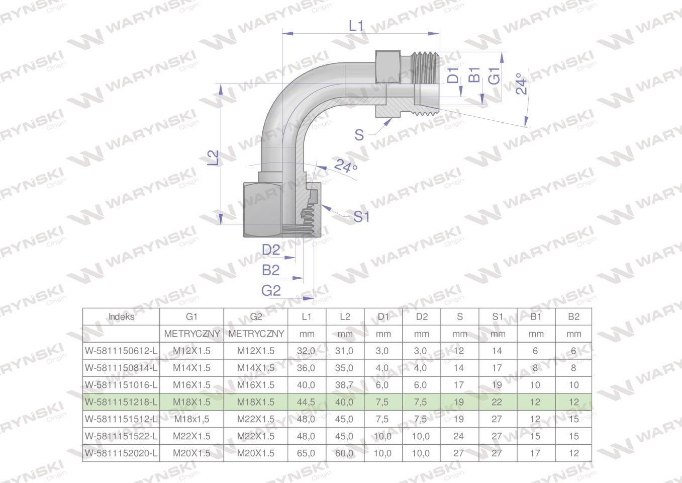 Kolanko hydrauliczne metryczne łukowe AB M18x1.5 12L (XEVW) Waryński 10szt - zdjęcie 4