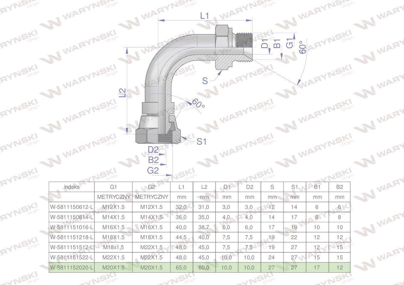 Kolanko hydrauliczne metryczne łukowe AB M20x1.5 (60 stopni) (XEVW) Waryńsk - zdjęcie 4