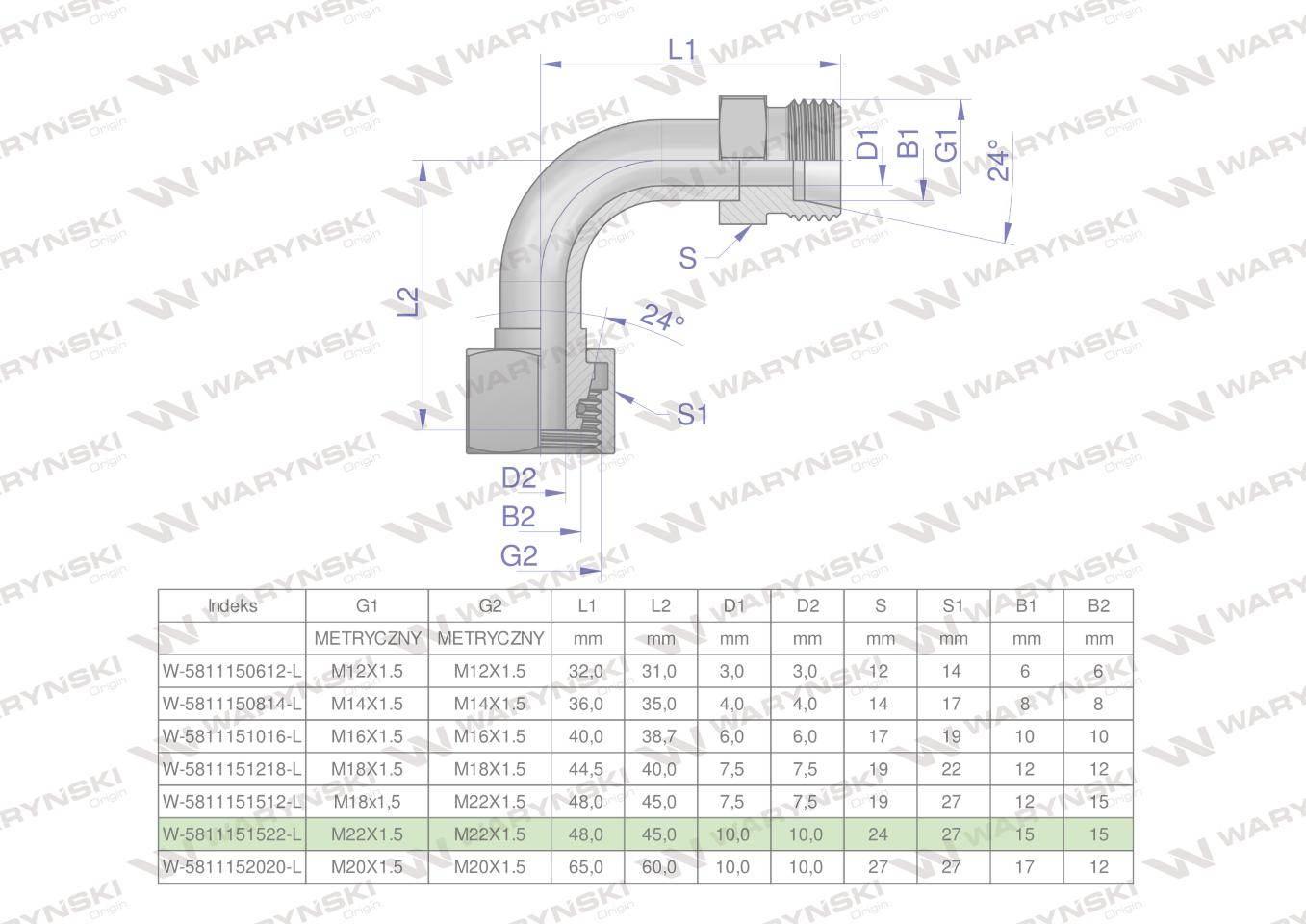 Kolanko hydrauliczne metryczne łukowe AB M22x1.5 15L (XEVW) Waryński 10szt - zdjęcie 4