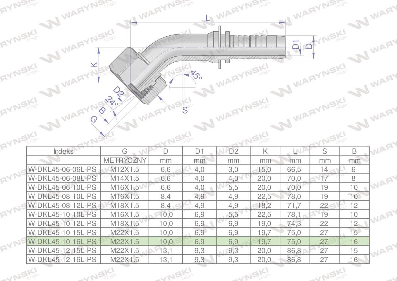 Zakucie hydrauliczne DKL45 DN10 16L M22x1.5 PREMIUM Waryński 5szt - zdjęcie 4