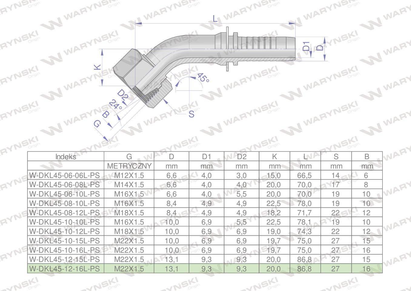 Zakucie hydrauliczne DKL45 DN13 16L M22x1.5 PREMIUM Waryński 5szt - zdjęcie 4
