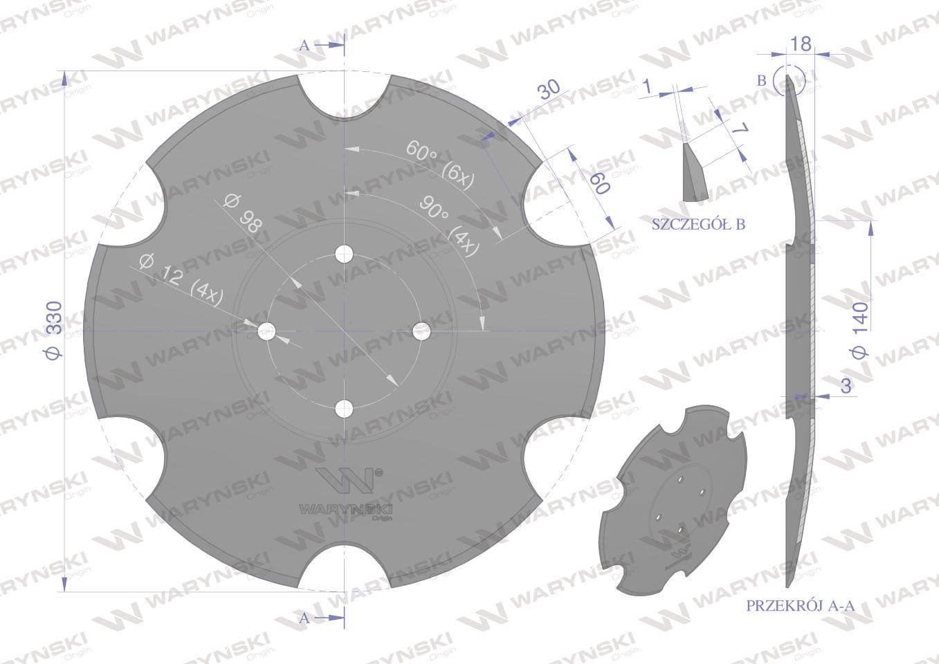 Talerz uzębiony fi 330 otwór 4x98 stal borowa WARYŃSKI R W-7330223 - zdjęcie 2