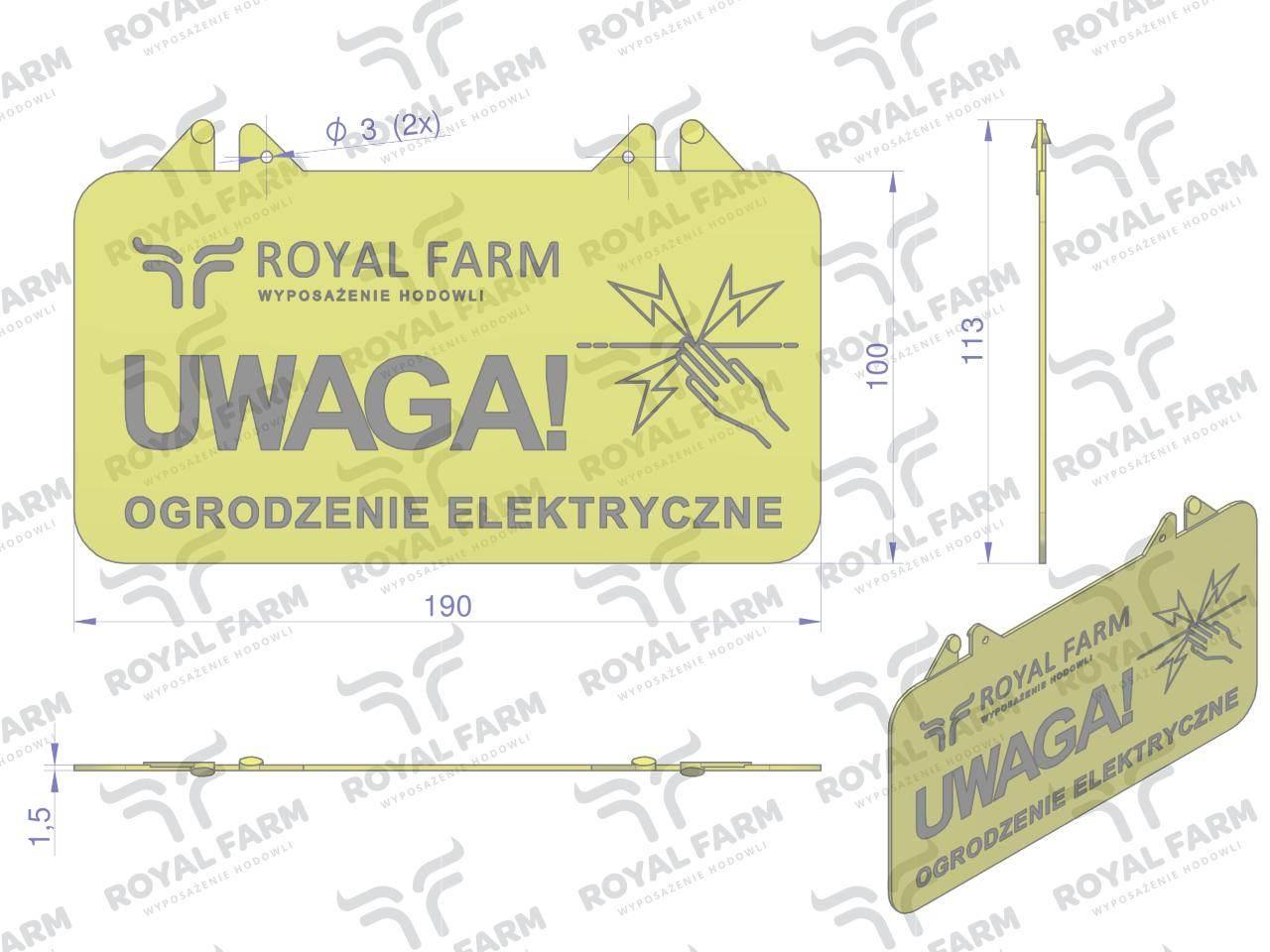 Tabliczka informacyjna UWAGA OGRODZENIE ELEKTRYCZNE Royal Farm - zdjęcie 2