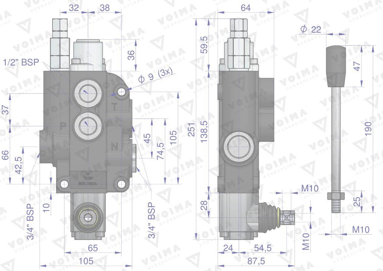 Rozdzielacz hydrauliczny 1-sekcyjny 80L z zatrzaskiem VOIMA V-R80L-1Z - zdjęcie 4