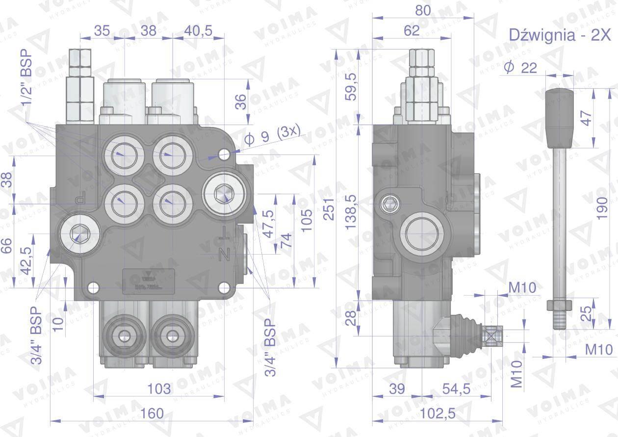 Rozdzielacz hydrauliczny 2-sekcyjny 80L VOIMA V-R80L-2 - zdjęcie 4