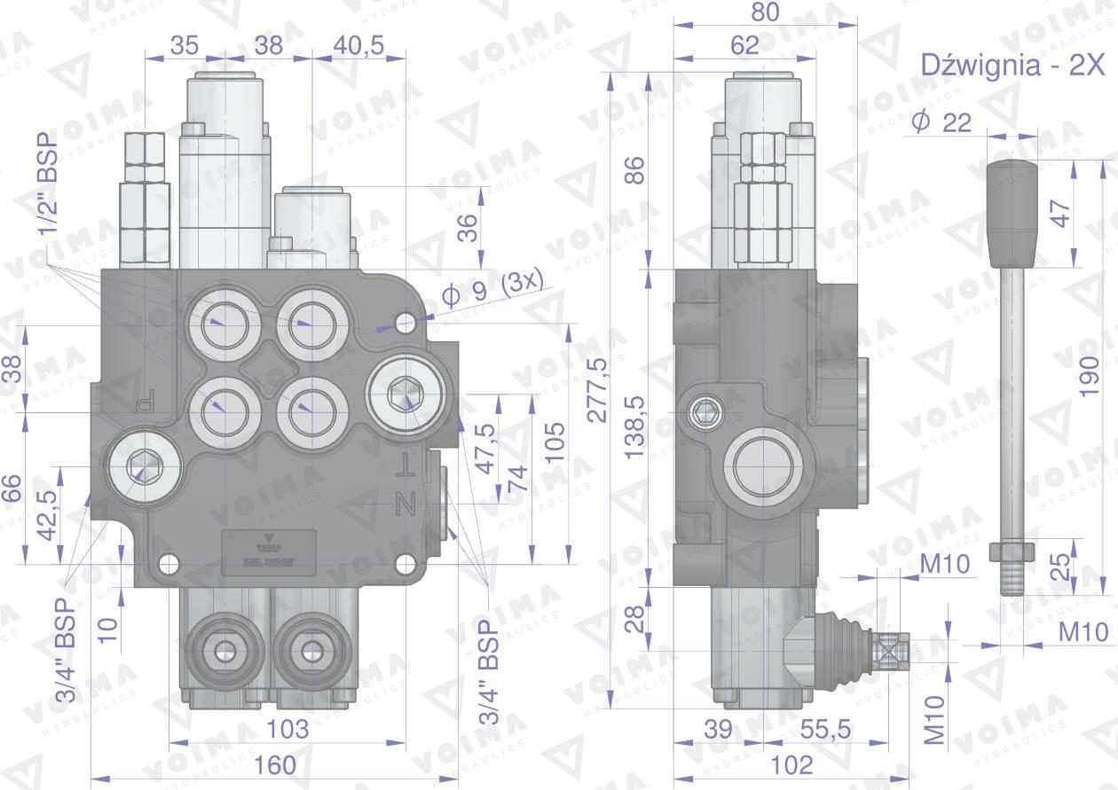 Rozdzielacz hydrauliczny 2-sekcyjny 80L (1-sekcja pływająca) VOIMA - zdjęcie 4