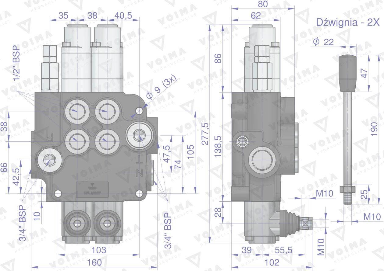 Rozdzielacz hydrauliczny 2-sekcyjny 80L (2-sekcje pływające) VOIMA - zdjęcie 4