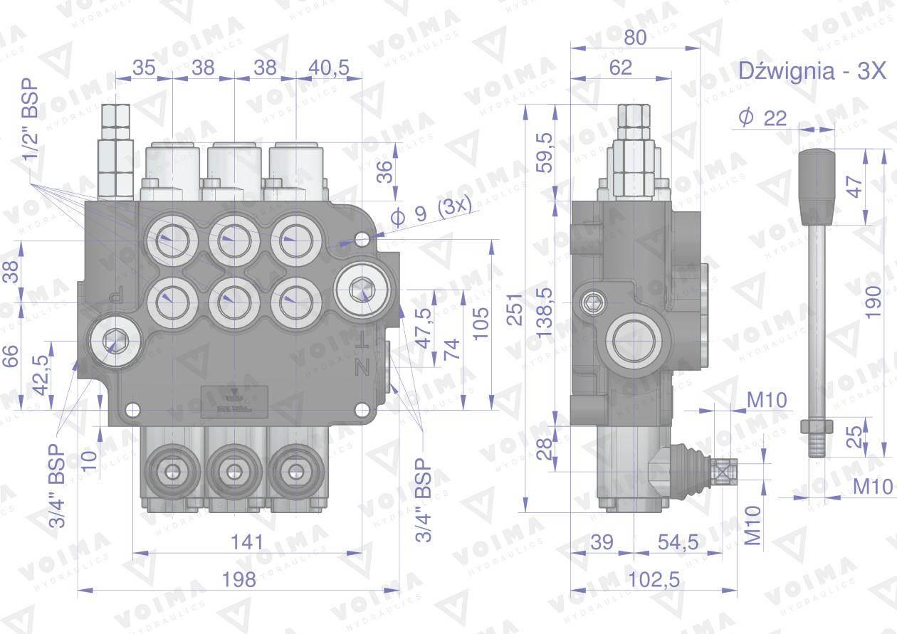 Rozdzielacz hydrauliczny 3-sekcyjny 80L VOIMA V-R80L-3 - zdjęcie 4