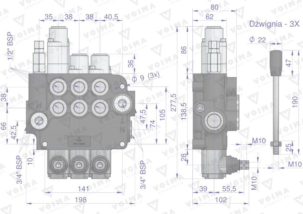 Rozdzielacz hydrauliczny 3-sekcyjny 80L (1-sekcja pływająca) VOIMA - zdjęcie 4