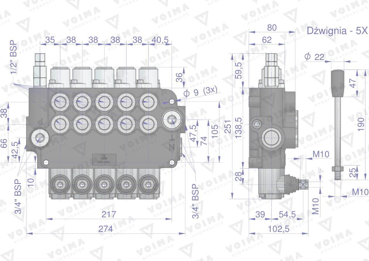 Rozdzielacz hydrauliczny 5-sekcyjny 80L VOIMA V-R80L-5 - zdjęcie 4