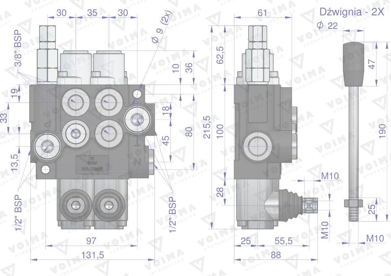 Rozdzielacz hydrauliczny 2-sekcyjny 40L (1-sekcja nurnikowa) VOIMA - zdjęcie 4