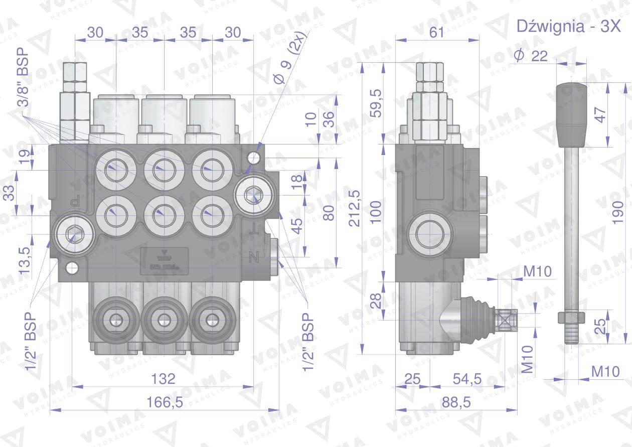 Rozdzielacz hydrauliczny 3-sekcyjny 40L VOIMA V-R40L-3 - zdjęcie 4