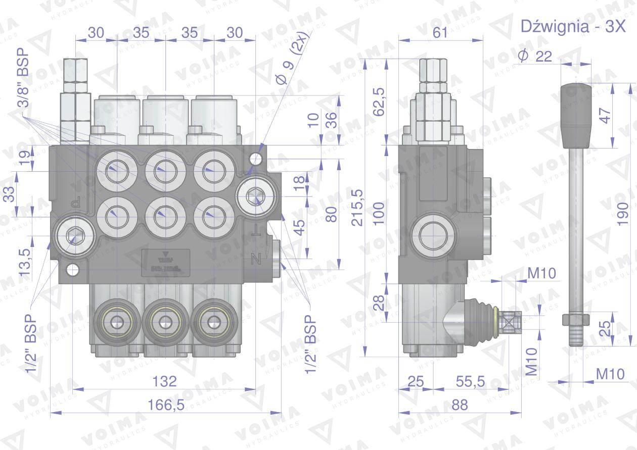 Rozdzielacz hydrauliczny 3-sekcyjny 40L z zatrzaskami VOIMA V-R40L-3Z - zdjęcie 4