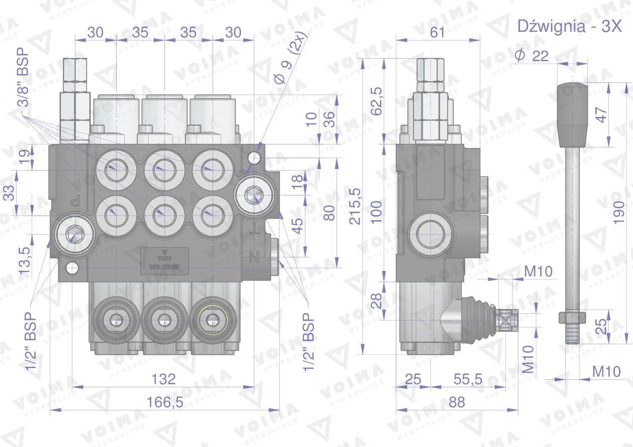 Rozdzielacz hydrauliczny 3-sekcyjny 40L (1 sekcja - z zatrzaskiem) VOIMA - zdjęcie 4