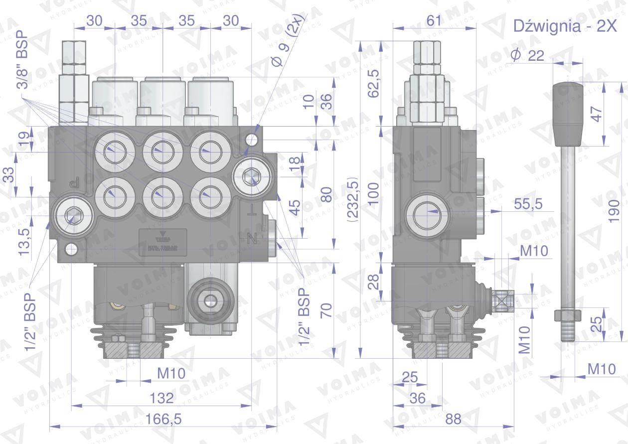 Rozdzielacz hydrauliczny 3-sekcyjny 40L (2 sekcje x 1 dźwignia + 1 sekcja x - zdjęcie 4