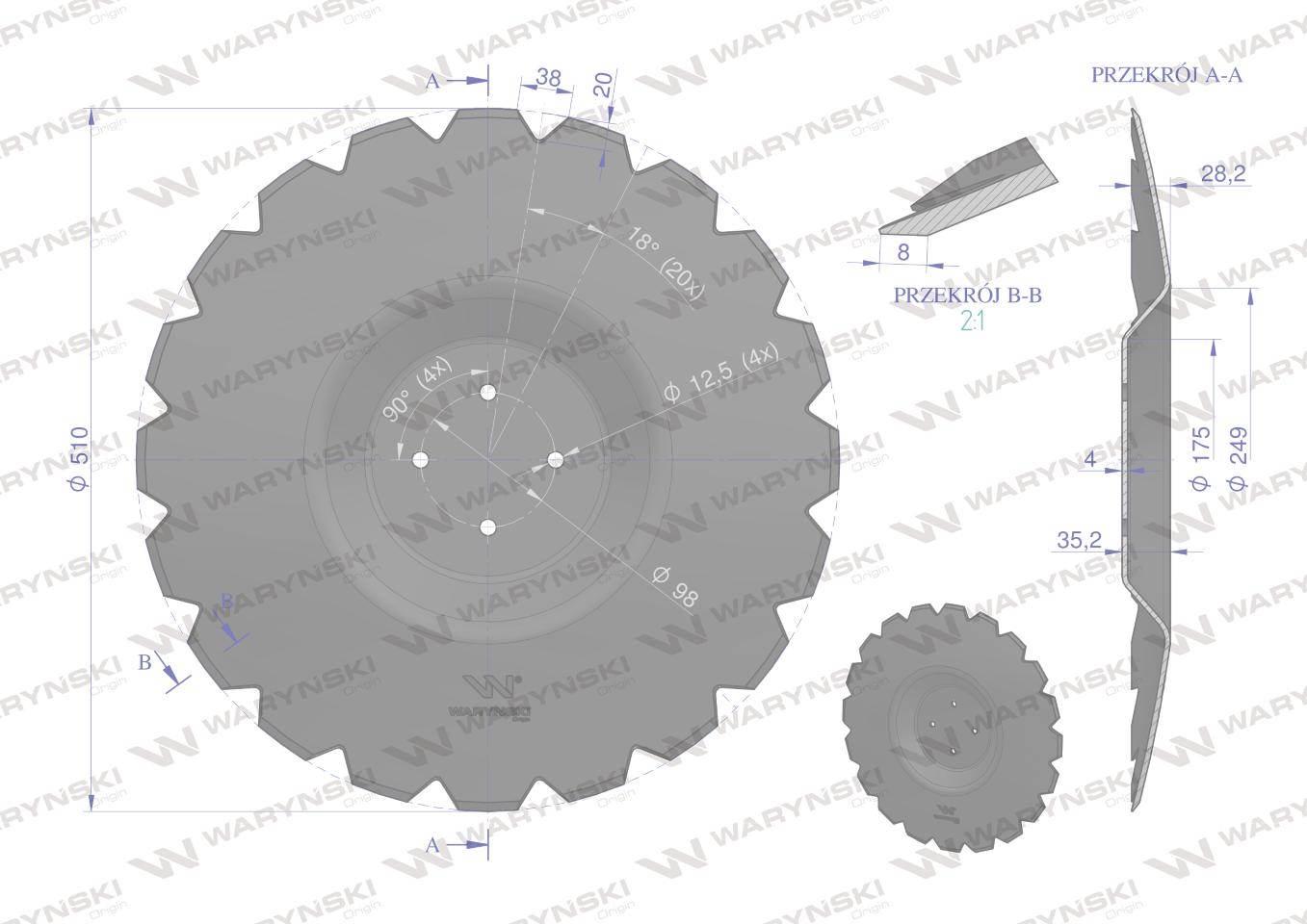 Talerz uzębiony Z-20 fi 510 mocowanie 4/98 grubość 4 mm przetłoczony stal b - zdjęcie 2