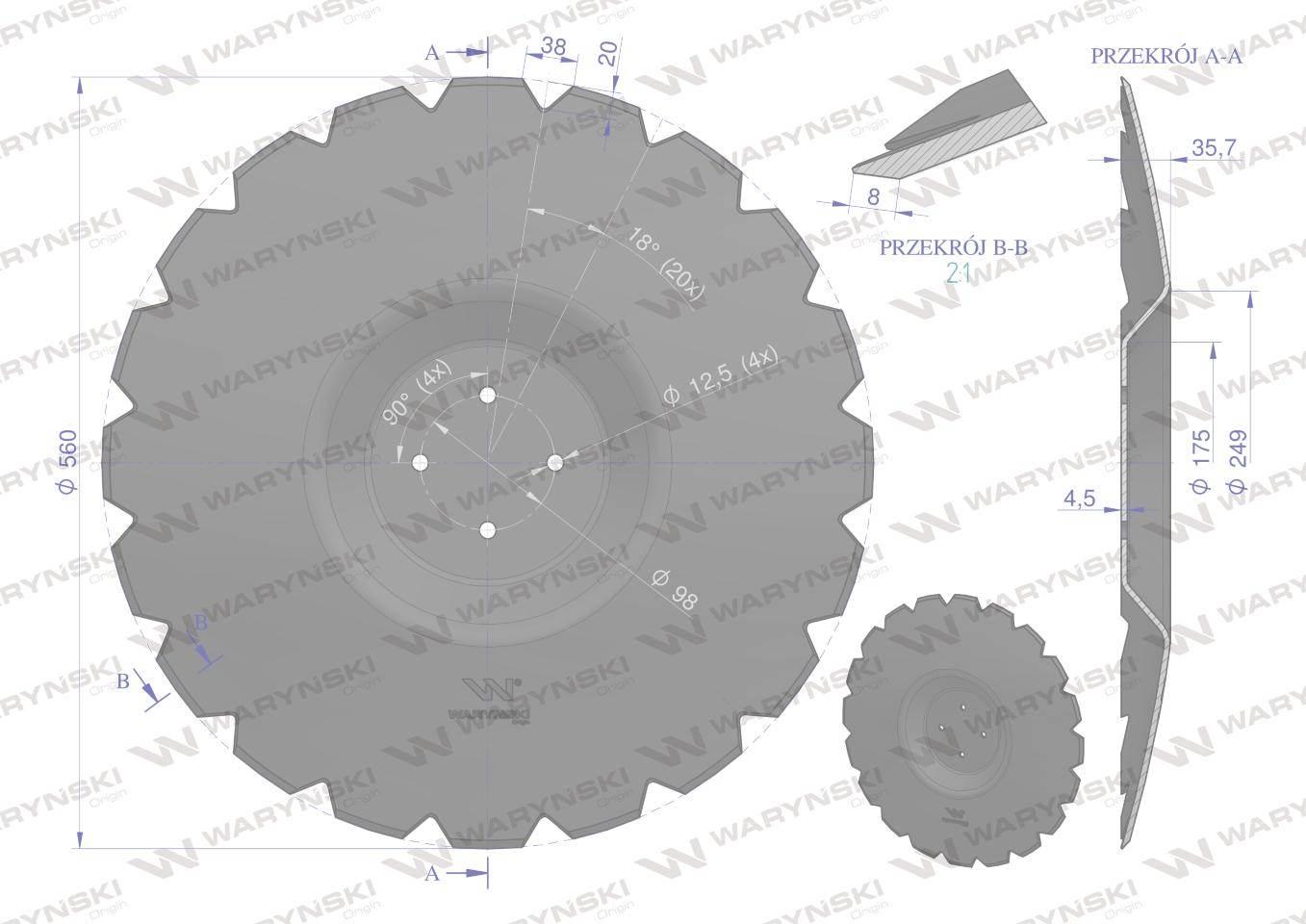 Talerz uzębiony Z-20 fi 560 mocowanie 4/98 grubość 4.5 mm przetłoczony stal - zdjęcie 2