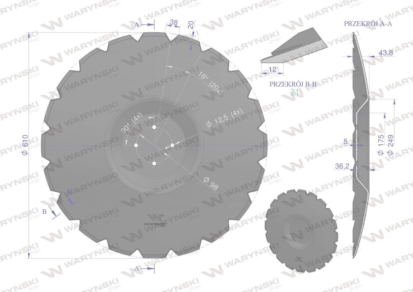Talerz uzębiony Z-20 fi 610 mocowanie 4/98 grubość 5 mm przetłoczony stal b - zdjęcie 2