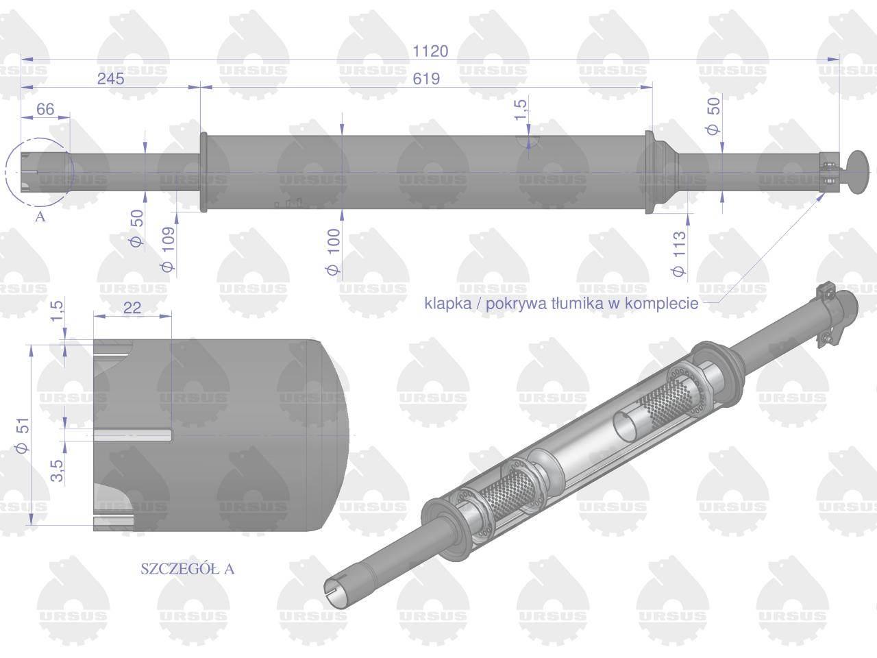 Tłumik 1120mm 3029104M1 5,2kg MF3 C-3603P (prosty) ORYGINAŁ URSUS - zdjęcie 3