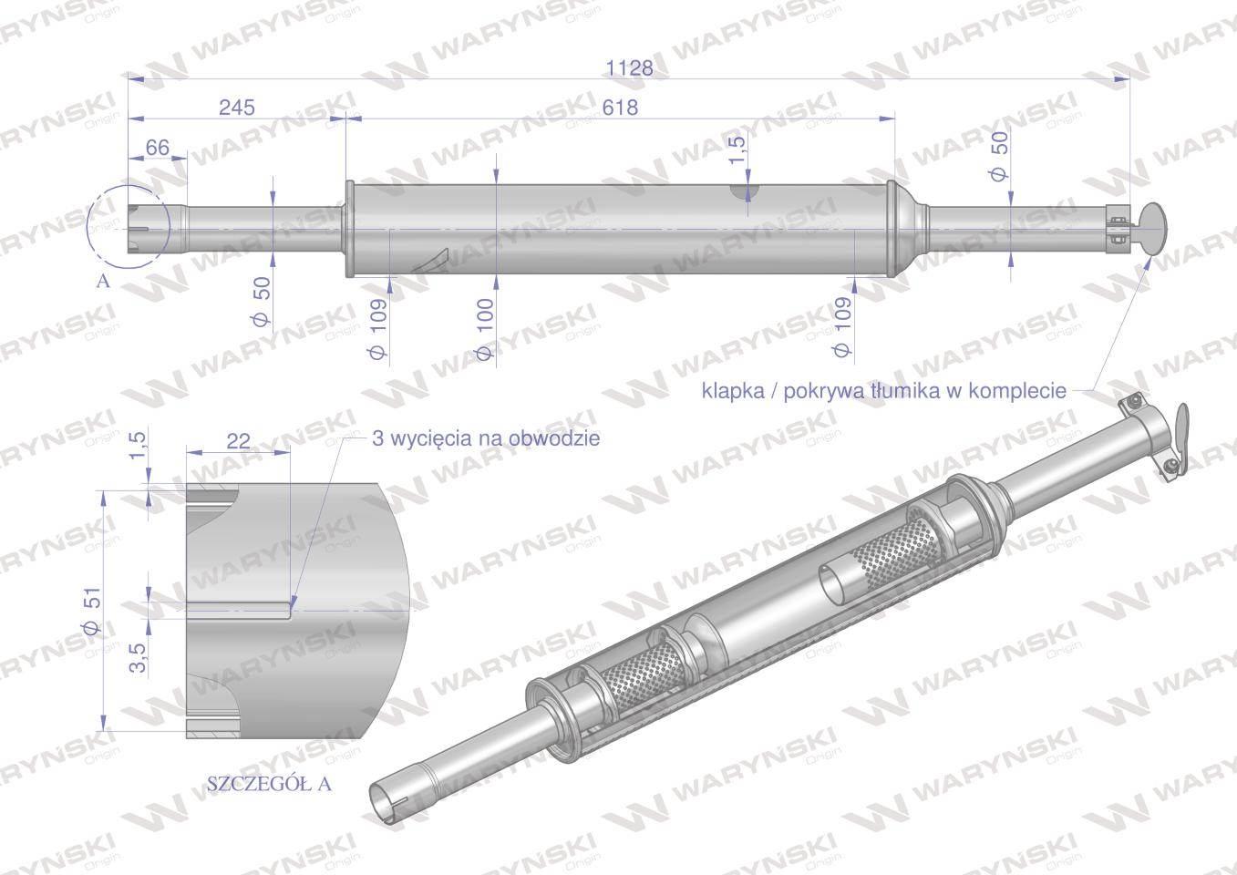 Tłumik 1128mm 3029104M1 4.8kg MF3 C-3603P (prosty) INOX WARYŃSKI - zdjęcie 3