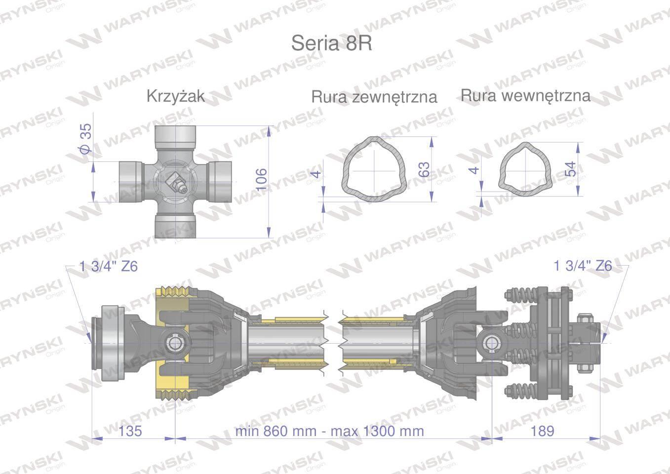 Wał przegubowo-teleskopowy 860-1300mm 1240Nm Z6 - 1 3/4 z drugiej strony sp - zdjęcie 3