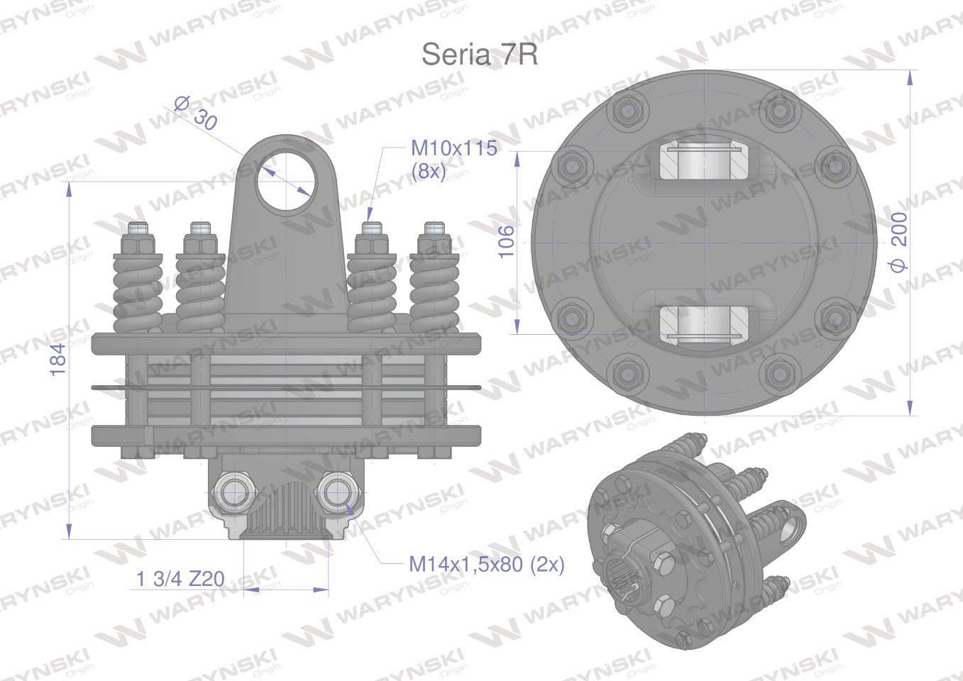 Sprzęgło cierne 4 tarczowe wału Seria 7R 1700Nm - 30x106 - 1 3/4 Z20 WARYŃS - zdjęcie 3