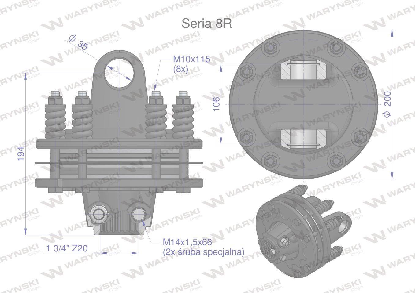 Sprzęgło cierne 4 tarczowe wału Seria 8R 1700Nm - 35x106 - 1 3/4 Z20 WARYŃS - zdjęcie 3