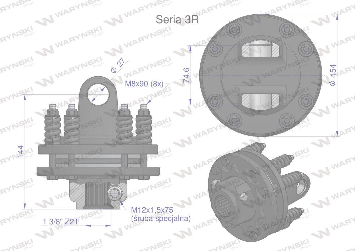 Sprzęgło cierne 2 tarczowe wału Seria 3R 900Nm - 27x75 - 1 3/8 Z21 WARYŃSKI - zdjęcie 3