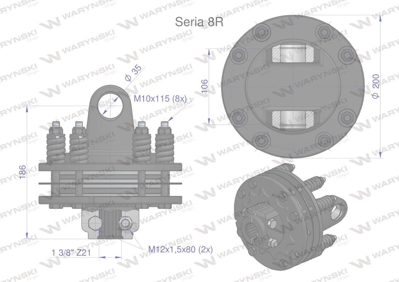 Sprzęgło cierne 4 tarczowe wału Seria 8R 1700Nm - 35x106 - 1 3/8 Z21 WARYŃS - zdjęcie 3