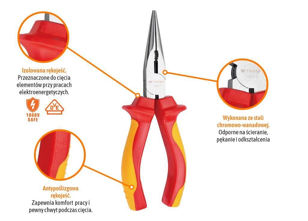 Szczypce wydłużone - proste izolowane VDE 160 mm / TEGER T-W-SZW003 - zdjęcie 3
