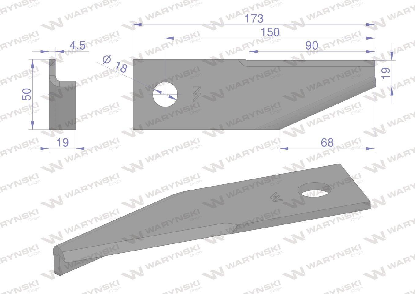 Nóż obrotowy rozdrabniacz słomy sieczkarnia podgięty lewy 173x50x4.5mm otwó - zdjęcie 2