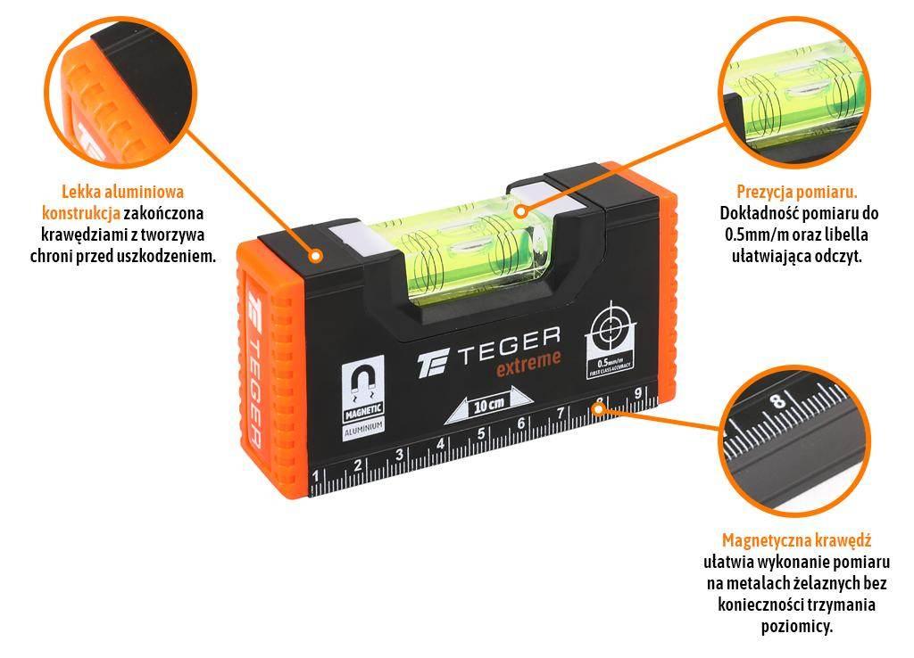 Poziomnica aluminiowa/magnetyczna 10 cm Extreme / TEGER T-NB-POZ-10 - zdjęcie 2