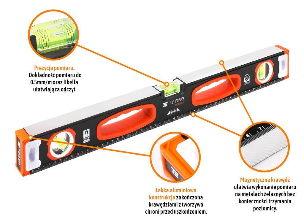 Poziomnica aluminiowa/magnetyczna 60 cm Extreme / TEGER T-NB-POZ-60 - zdjęcie 2