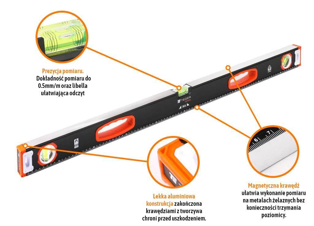 Poziomnica aluminiowa/magnetyczna 100 cm Extreme / TEGER T-NB-POZ-100 - zdjęcie 2