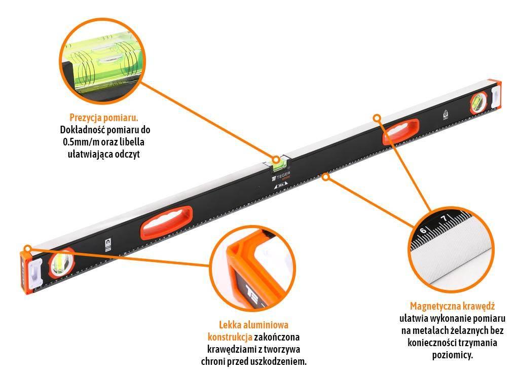 Poziomnica aluminiowa/magnetyczna 120 cm Extreme / TEGER T-NB-POZ-120 - zdjęcie 2