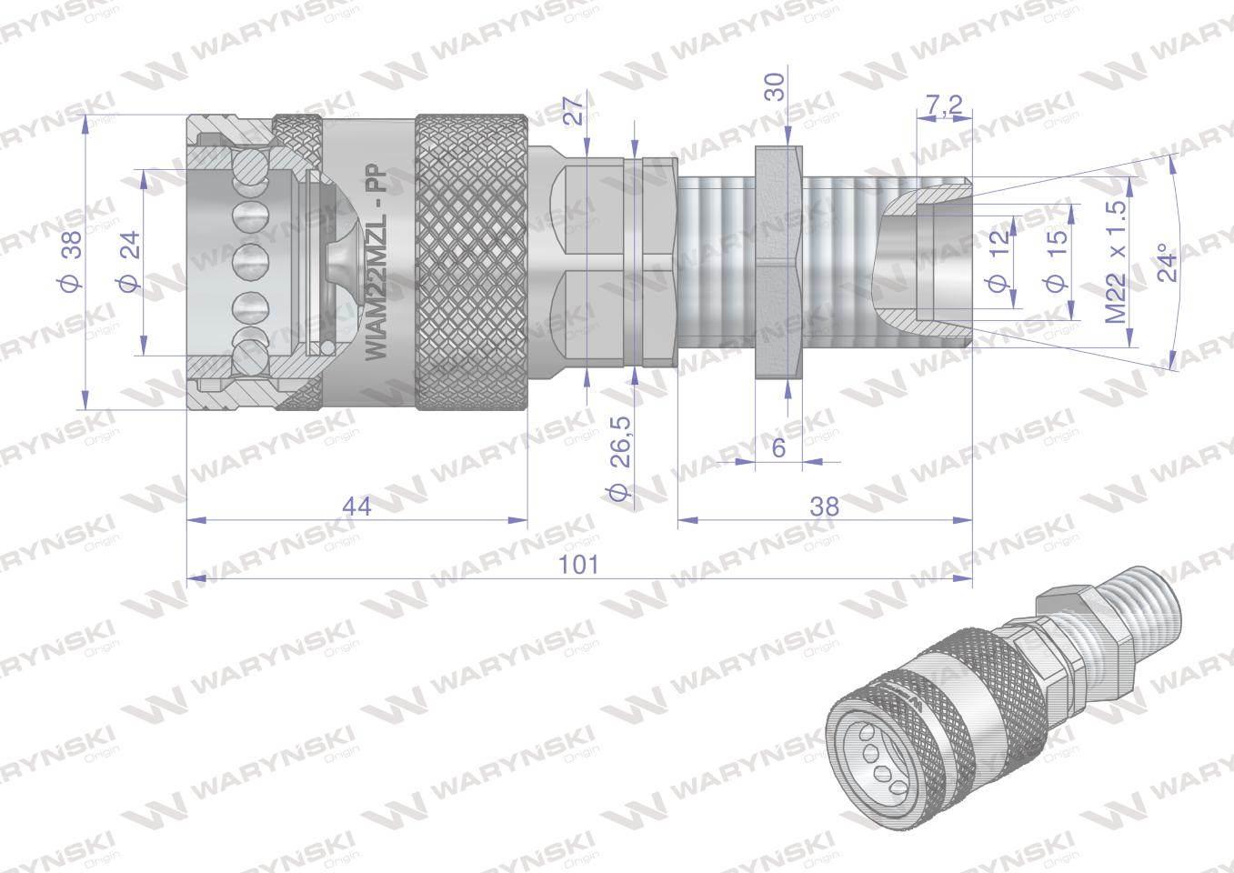 Szybkozłącze hydrauliczne gniazdo long M22x1.5 gwint zewnętrzny EURO PUSH-P - zdjęcie 3