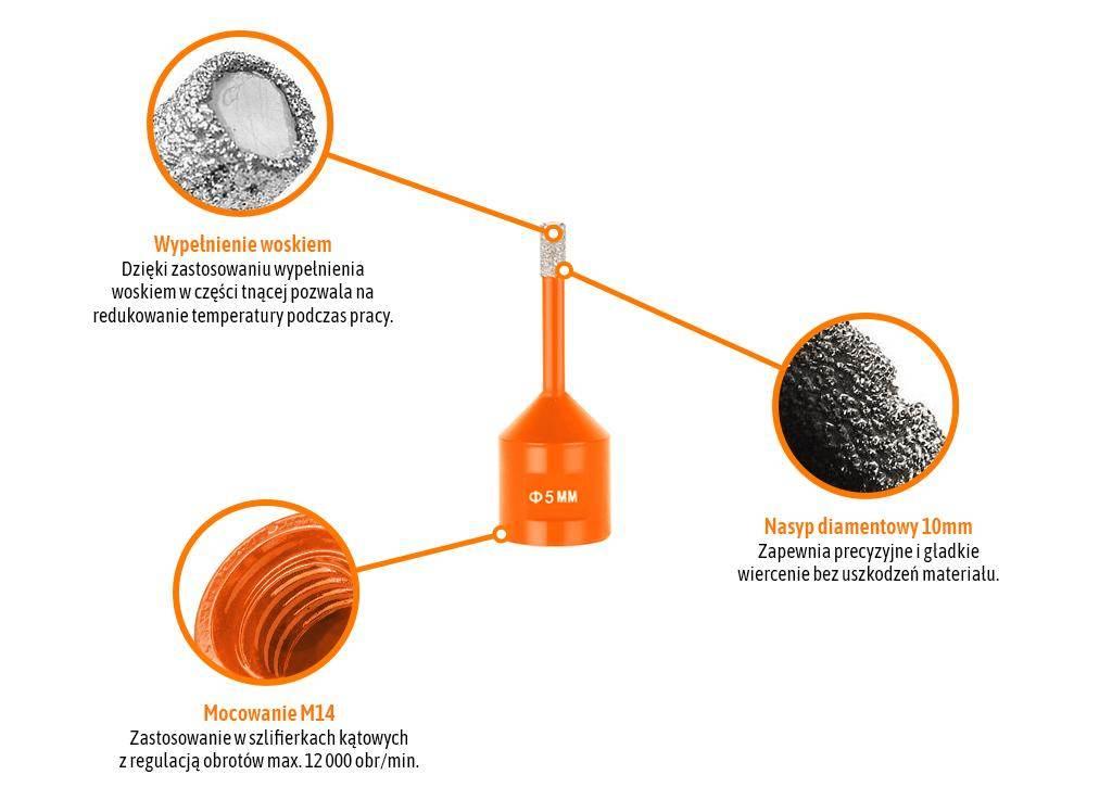 Otwornica diamentowa z uchwytem M14/5 mm / TEGER T-NB-ODI-001 - zdjęcie 3