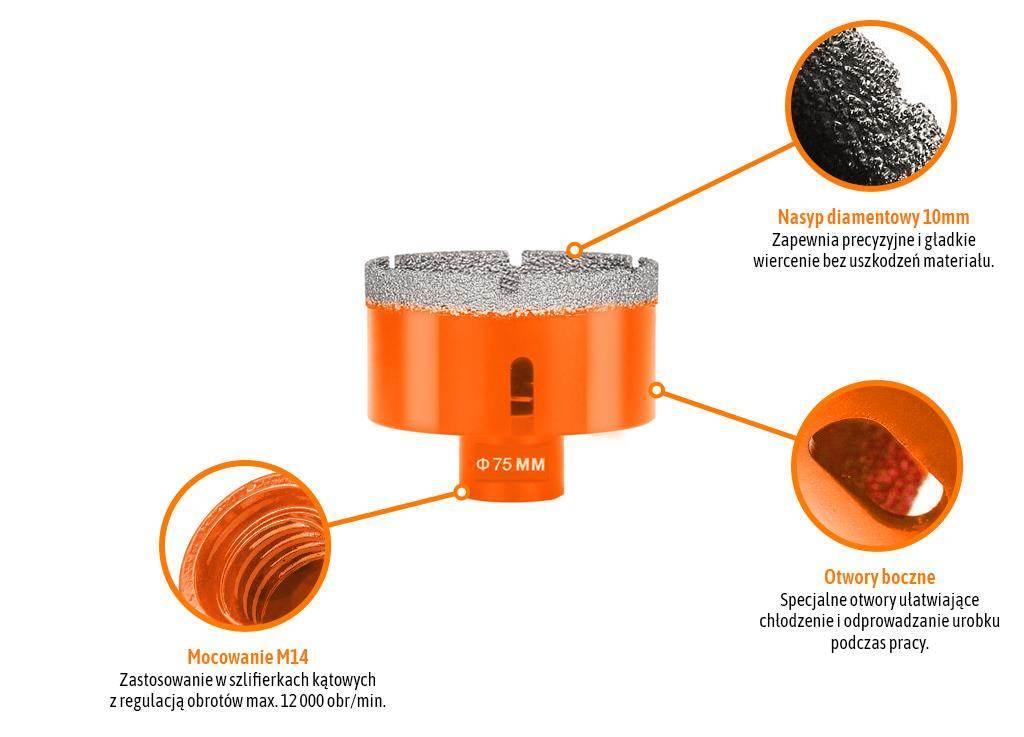 Otwornica diamentowa z uchwytem M14/75 mm / TEGER T-NB-ODI-020 - zdjęcie 3