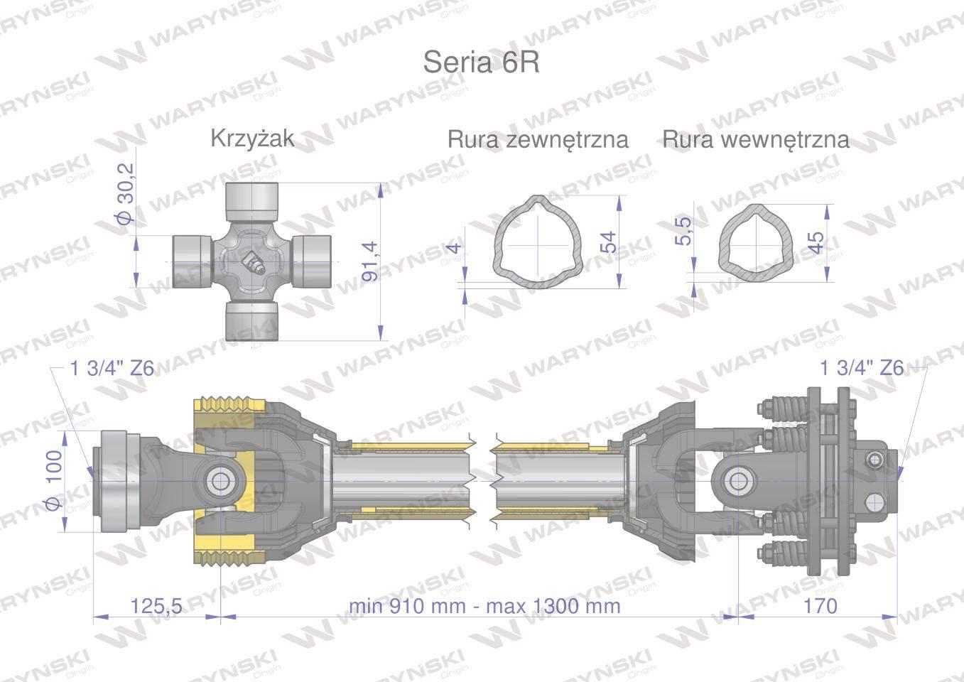 Wał przegubowo-teleskopowy 910-1300mm 830Nm Z6 - 1 3/4 z drugiej strony spr - zdjęcie 3