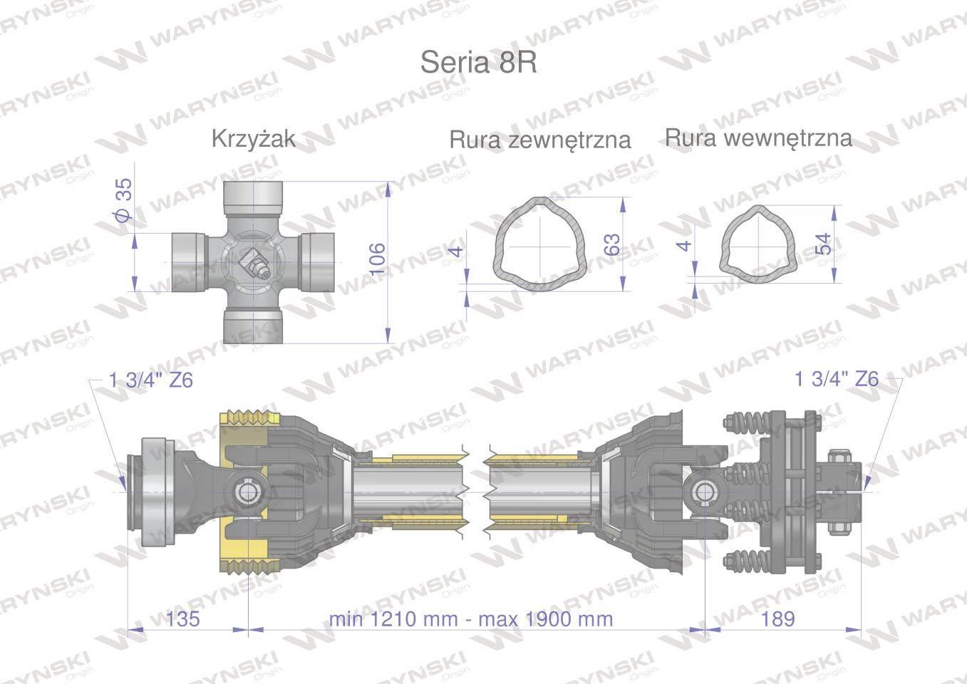 Wał przegubowo-teleskopowy 1210-1900mm 1240Nm Z6 - 1 3/4 z drugiej strony s - zdjęcie 2