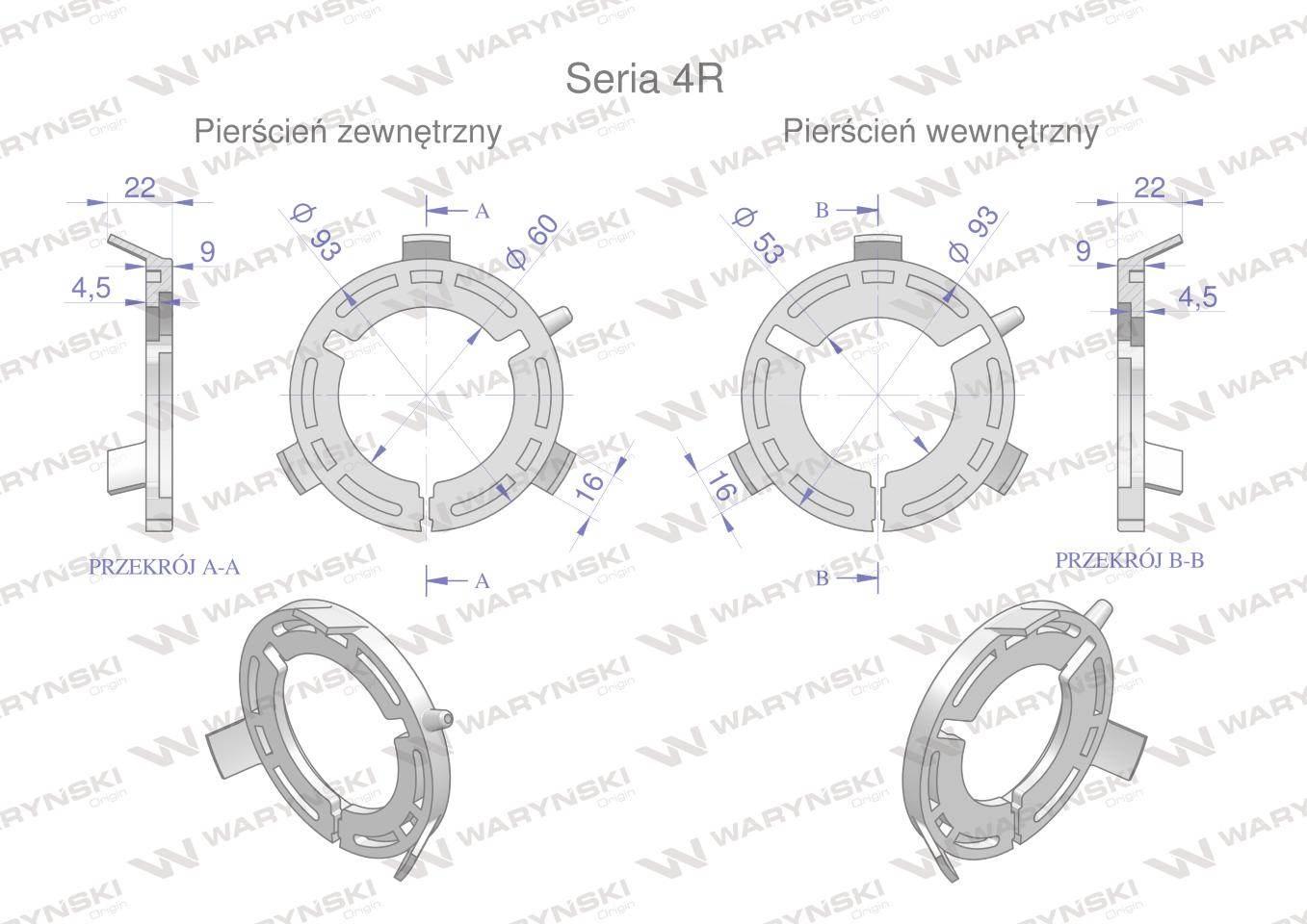 Plastikowe łożyska do obudowy wału zestaw 93x53mm i 93x60mm Seria 4R Waryńs - zdjęcie 2