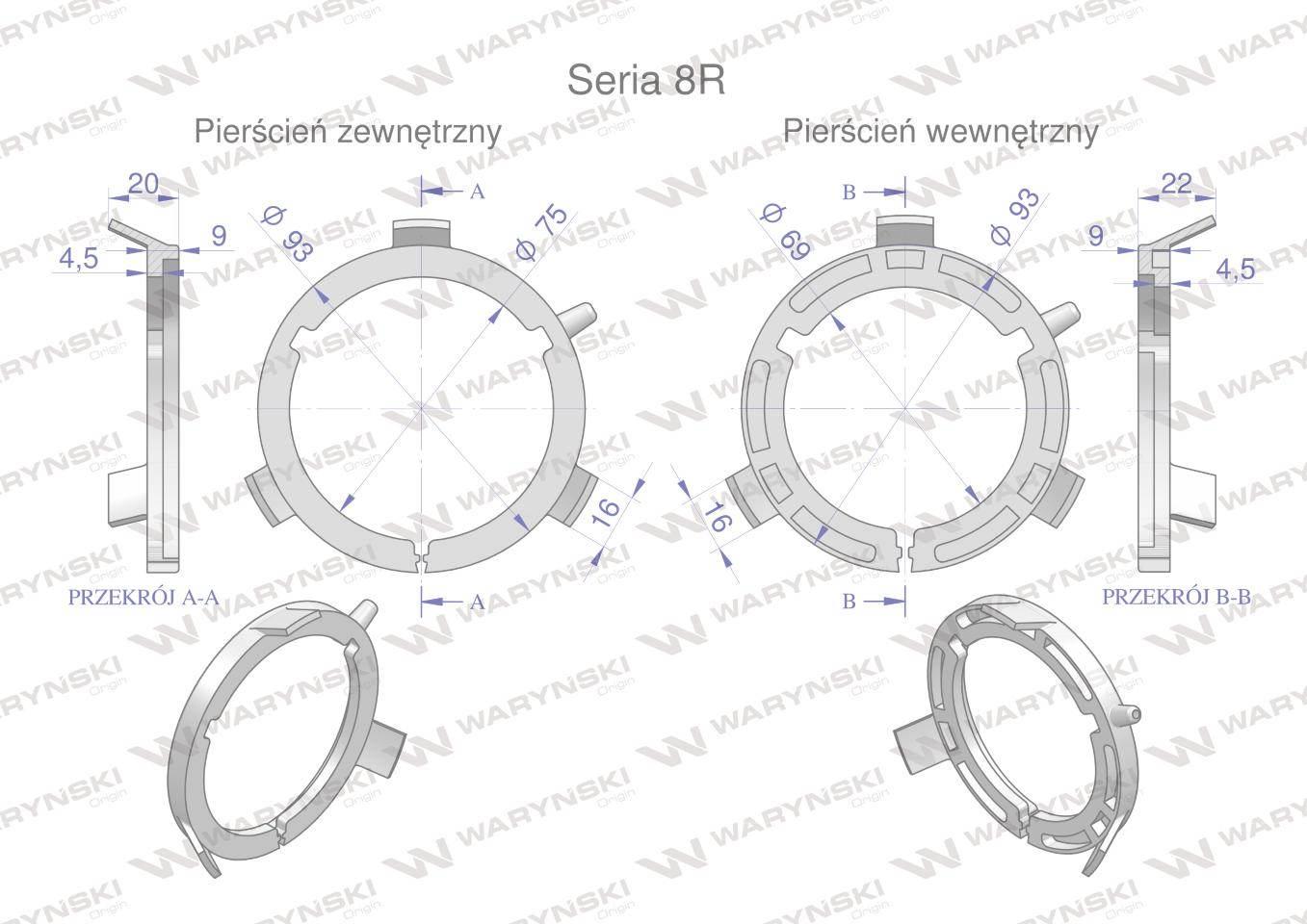 Plastikowe łożyska do obudowy wału zestaw 93x69mm i 93x75mm Seria 8R Waryńs - zdjęcie 2