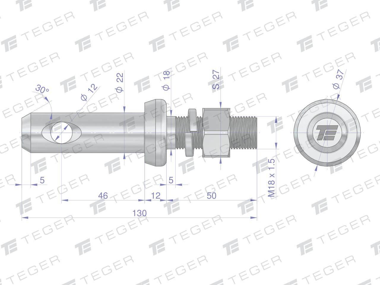 Sworzeń z gwintem T-SG22461845130 fi 22/46 mm M18x1.5/45 mm 130 mm TEGER - zdjęcie 3