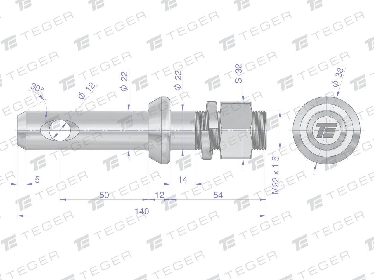 Sworzeń z gwintem T-SG22502240140 fi 22/50 mm M22x1.5/40 mm 140 mm TEGER - zdjęcie 3