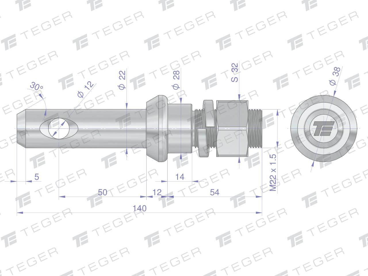 Sworzeń z gwintem T-SG22502240140.1 fi 22/50 mm M22x1.5/40 mm 140 mm TEGER - zdjęcie 3