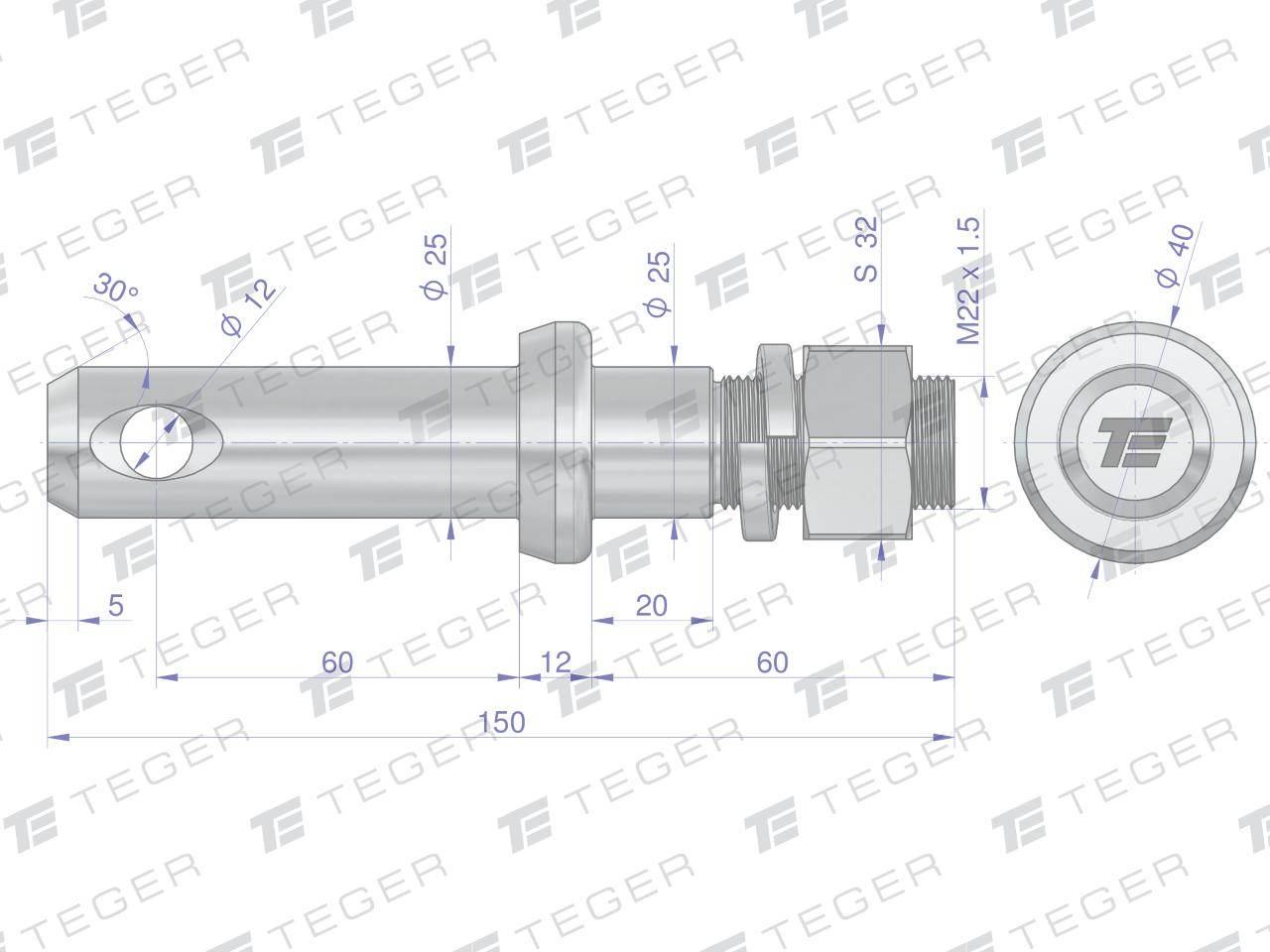 Sworzeń z gwintem T-SG25602550150 fi 25/60 mm M22x1.5/40 mm 150 mm TEGER - zdjęcie 3