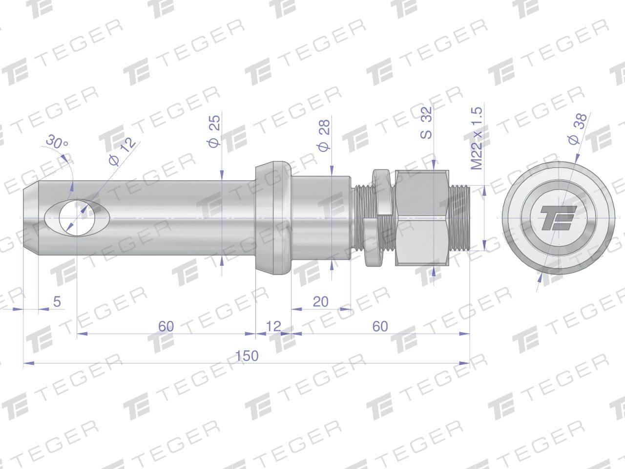 Sworzeń z gwintem T-SG25602240150 fi 25/60 mm M22x1.5/40 mm 150 mm TEGER