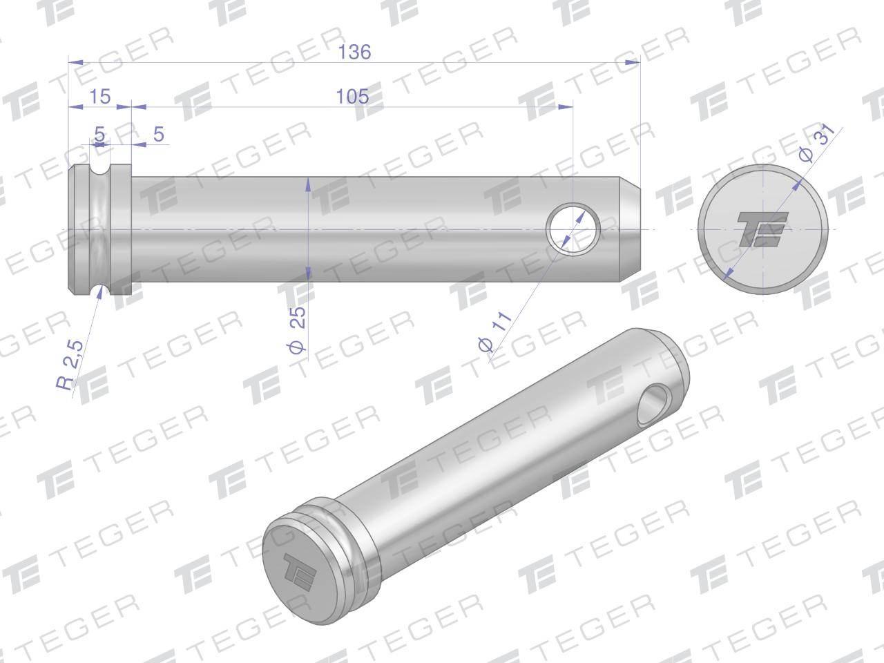 Sworzeń łącznika górnego 25x105x136 TEGER T-SLG25105136 - zdjęcie 3