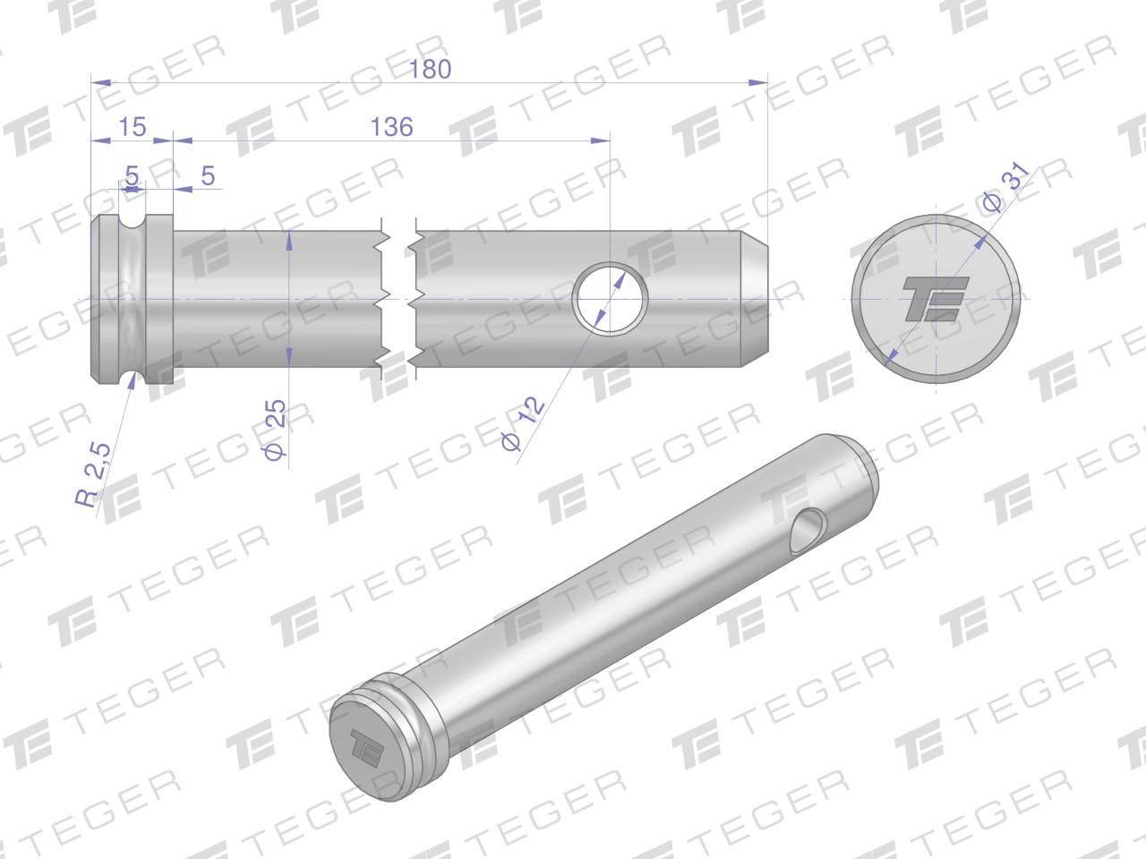 Sworzeń łącznika górnego 25x136x180 TEGER T-SLG25136180 - zdjęcie 3