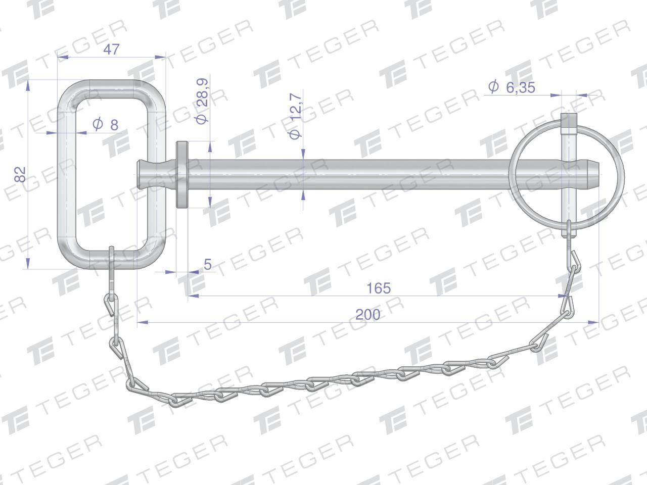 Sworzeń zaczepu z zawleczką i łańcuchem 12.7x165x200 TEGER T-SZZL127165200 - zdjęcie 3